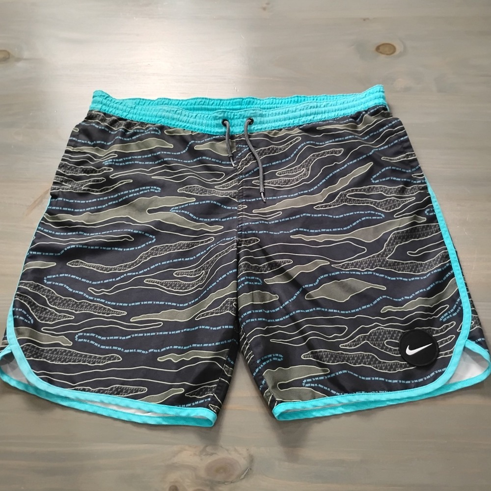 Nike Swim Trunks Mens L Black Green Camo Mesh Lined Drawstring Shorts Beach Pool